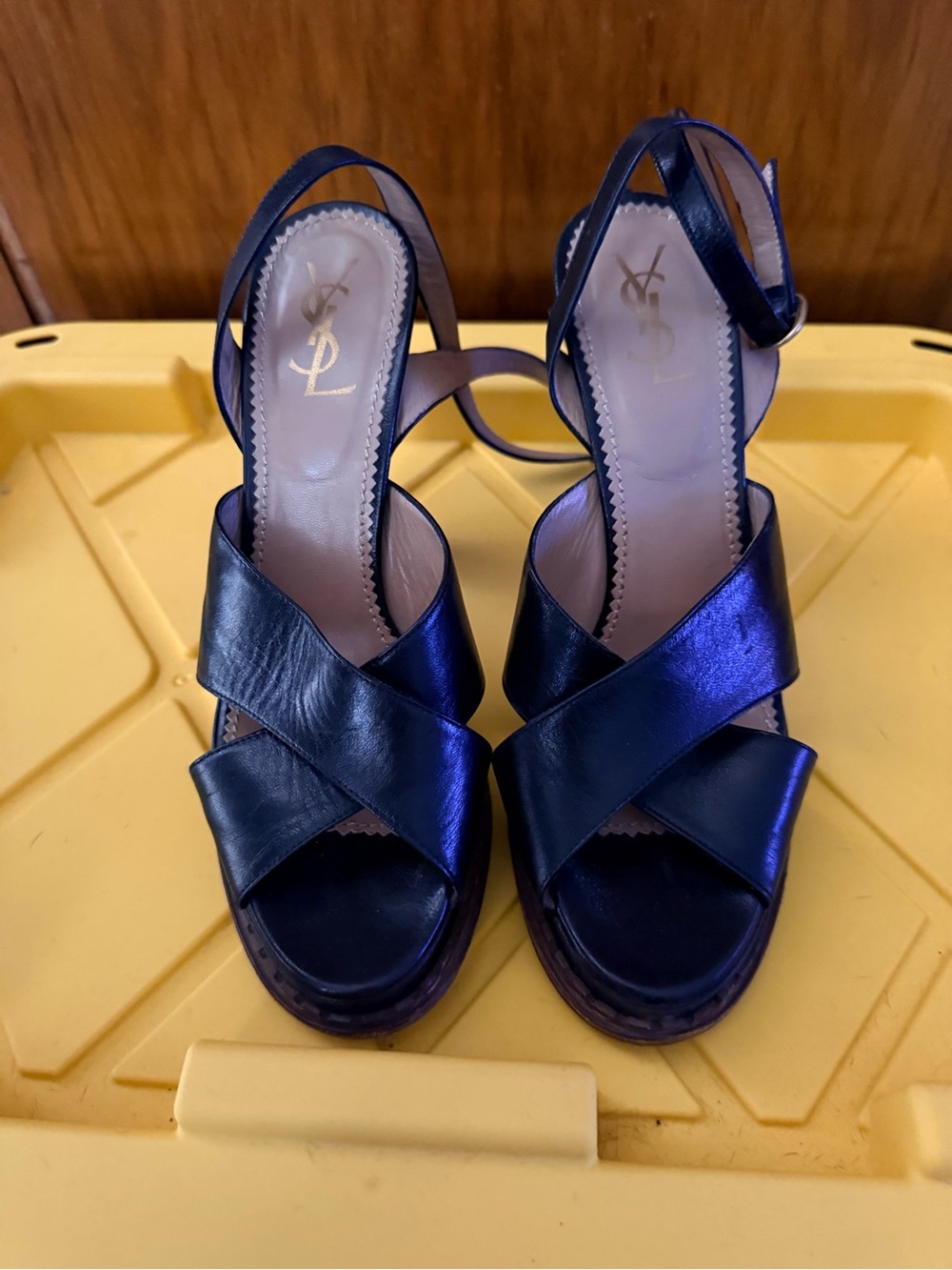 Yves Saint Laurent Black Leather Crisscross Wedge Sandals